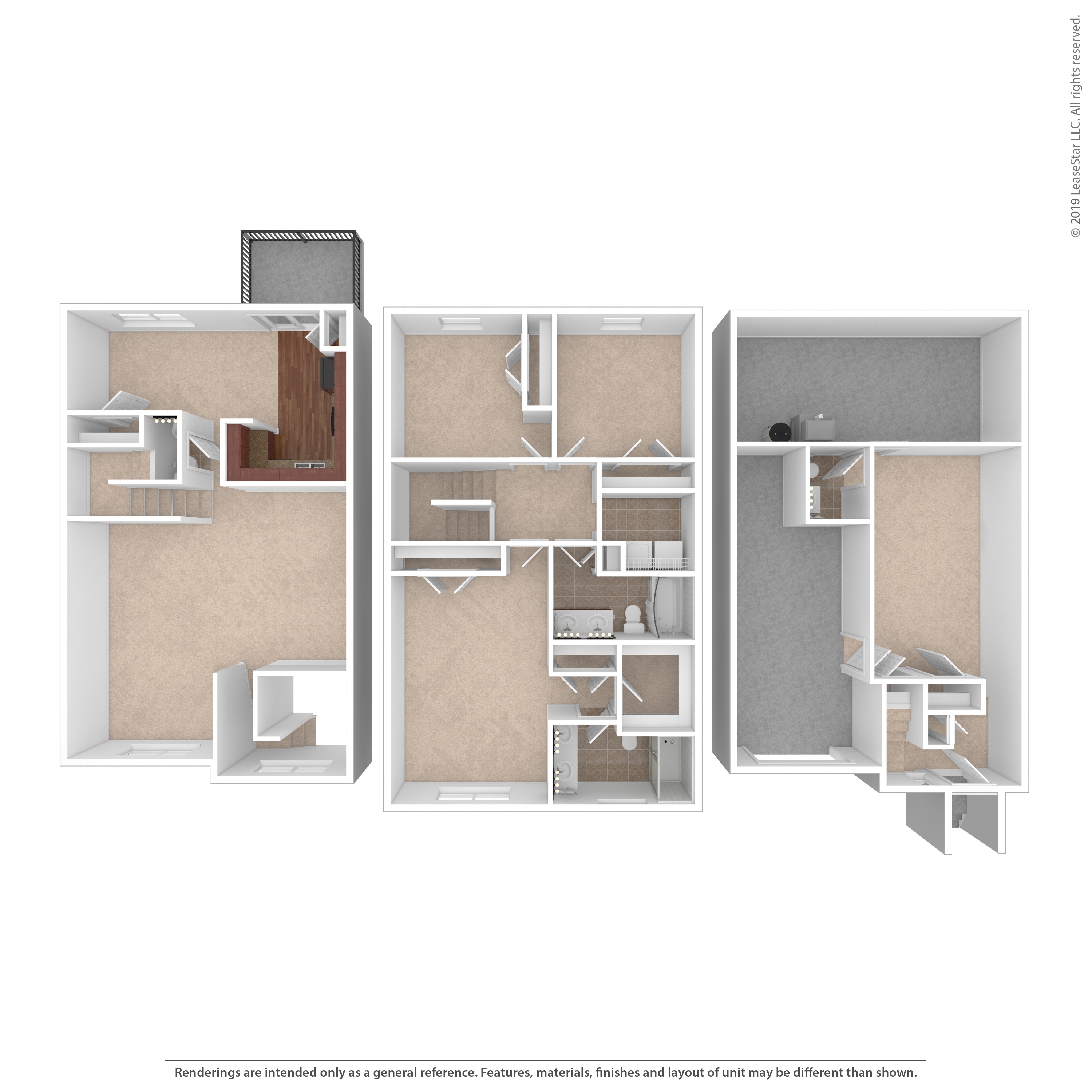 A diagram of a house layout with three different floor plans.